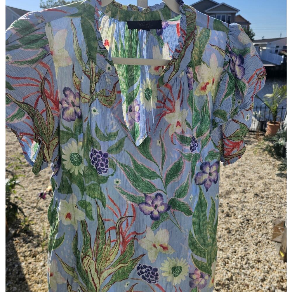 Rachel Roy Tropical Blouse Floral V-Neck Short Sleeve Summer Top Medium